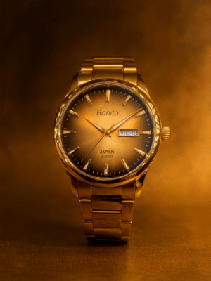 Bonito Men’s Gold Watch – Japan Quartz, Day & Date Display, Classic Stainless Steel