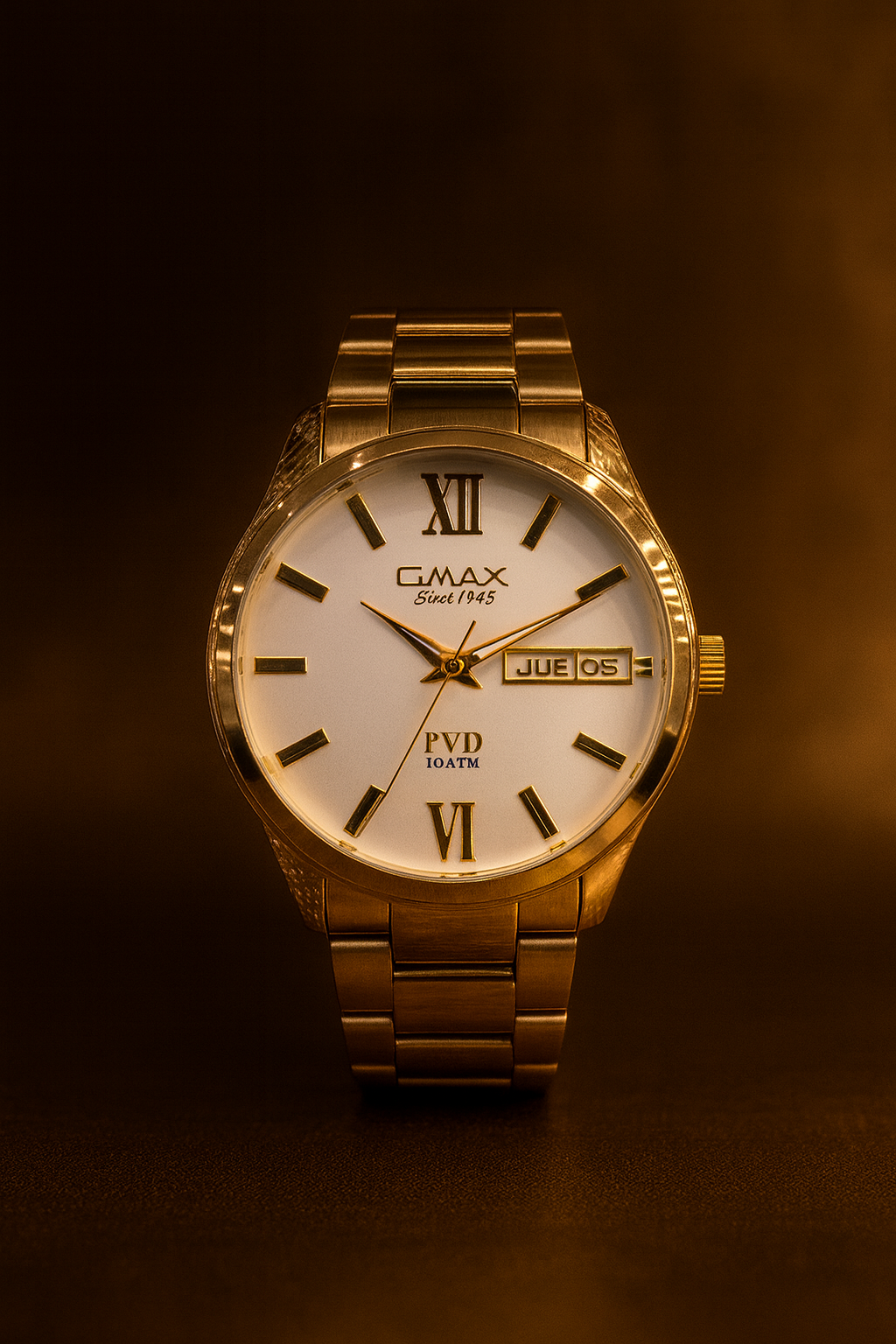 Omax PYD Men’s Gold Watch – 10 ATM Water Resistant, Day & Date, Elegant Stainless Steel
