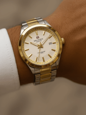 Naviforce white dial two-tone watch stainless steel strap