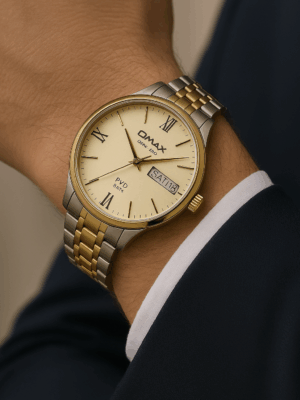 Omax watch two-tone quartz day-date PVD bezel